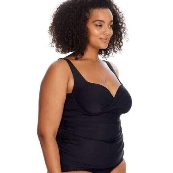 Birdsong ECO ONYX‎ Plus Size 20W Shirred Ruched Underwire Tankini Swim Top Black - Picture 6 of 11